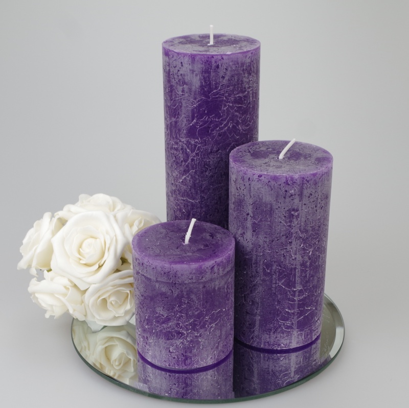 Rustic Pillar Set Of 3 Purple - Justcandles.co.uk